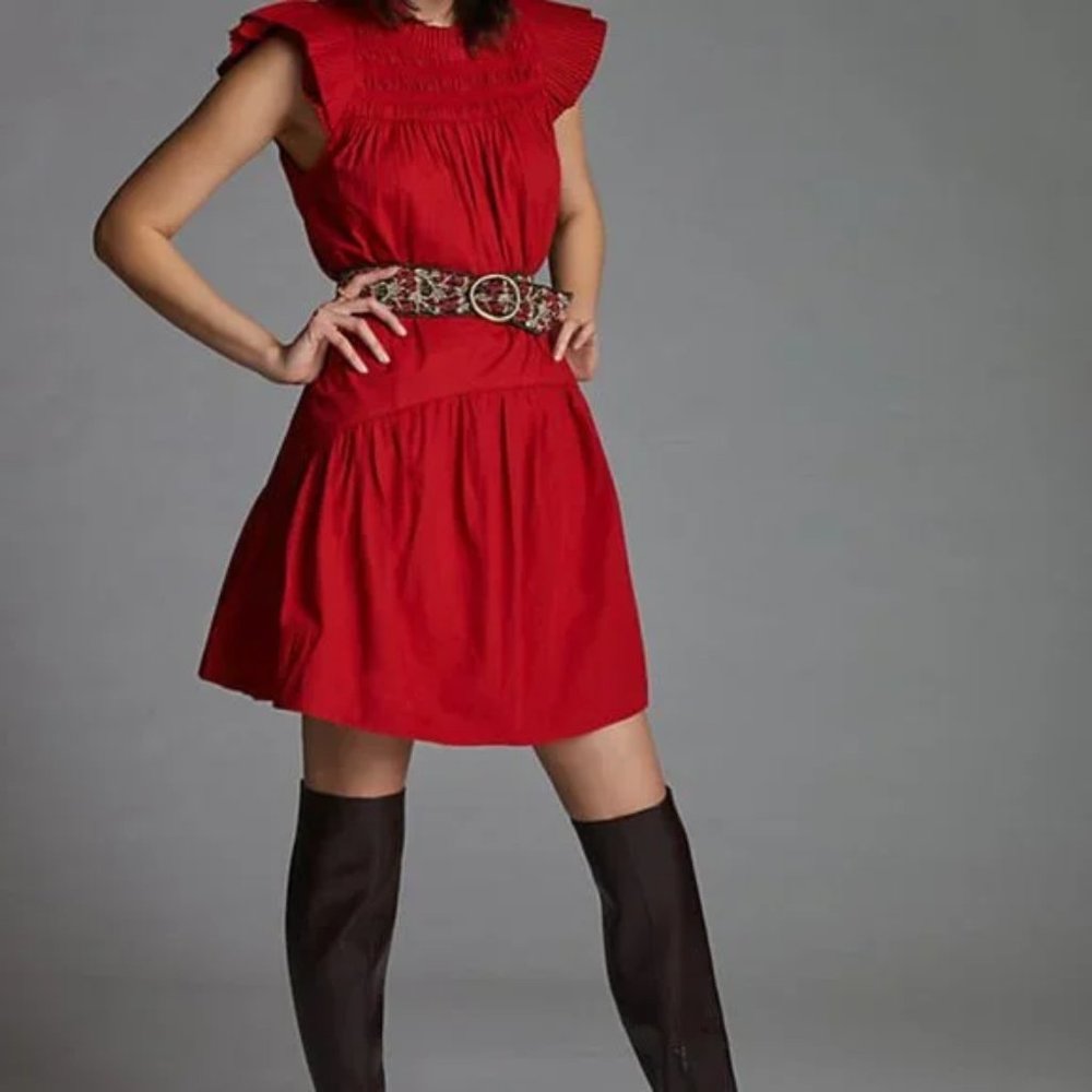 Anthropologie Love the Label Red Smocked Ruffled Mini Dress XS